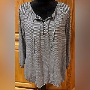 LOFT Stripe Henley Three-Quarter Sleeve Tie Detail Top Black White‎ Size Large